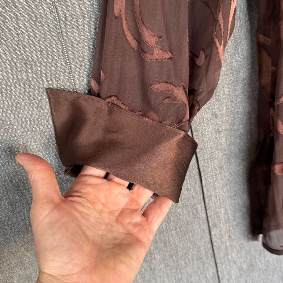 Victor Costa Occasion Brown Sheer Silk Satin Print Long Sleeve Tunic Top Size L - Picture 6 of 11
